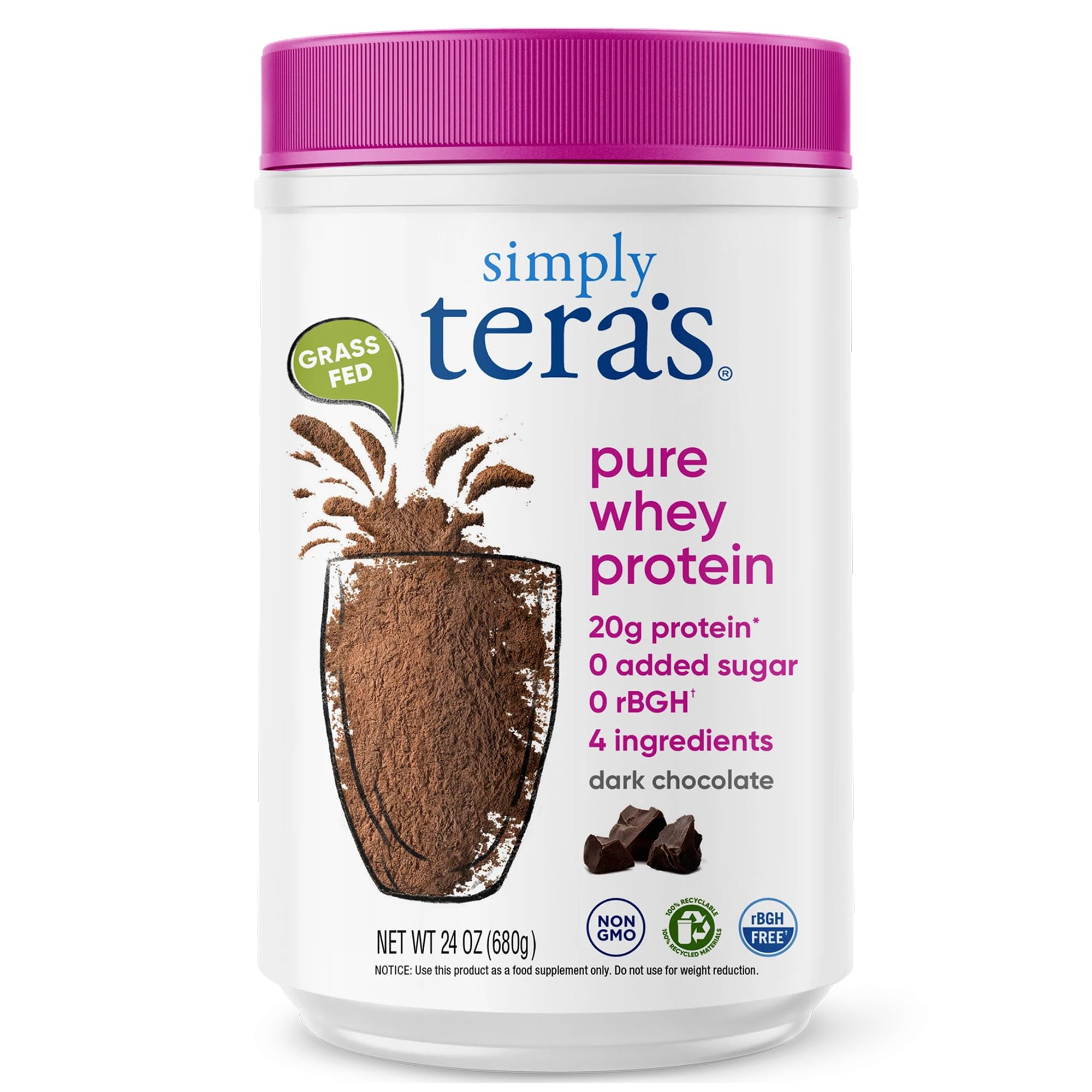 simply tera's Pure Whey Protein Powder Dark Chocolate Clean Protein 24 Oz